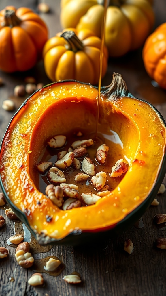 Roasted acorn squash half with maple syrup and nuts, on a wooden table.